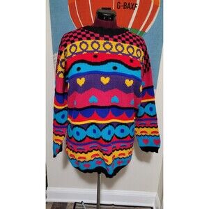 Women's Adele Knitwear USA VTG Knitted Sweater Color Block Hearts Geometric XL